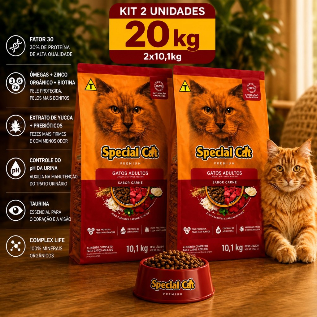 Kit com 2 Ração Gato Adulto 10.1KG Special Cat Sabor Carne