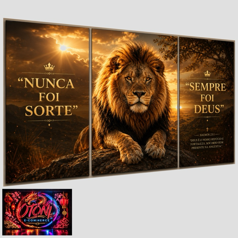 Quadro Decorativo Grande Leão De Judá Religioso Nunca Foi Sorte Sempre Foi Deus 3 Peças 122x60