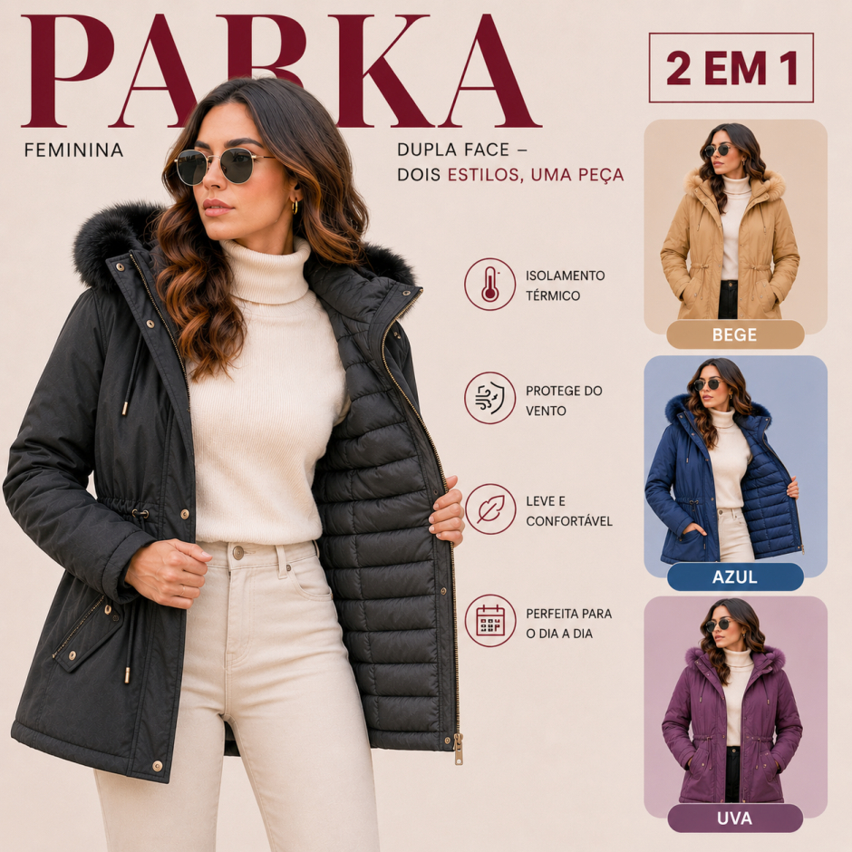 Casaco Jaqueta Parka Dupla Face feminina capuz removivel 2026 Nylon Impermeável casaco