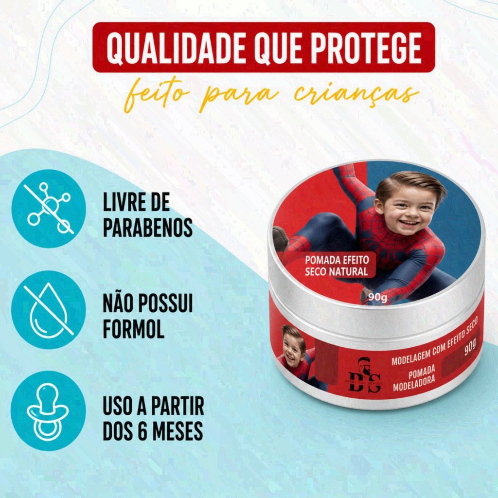 Cera Modeladora Cabelo Infantil Kids Criança Pomada 90g Efeito Seco Molhado Brilho Sem Parabenos