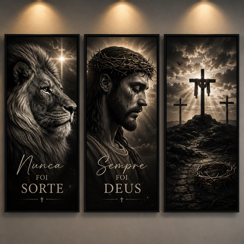 Quadro Decorativo Grande Jesus e Leão Branco e Preto Religioso Nunca Foi Sorte Sempre Foi Deus 3 Peças 122x60