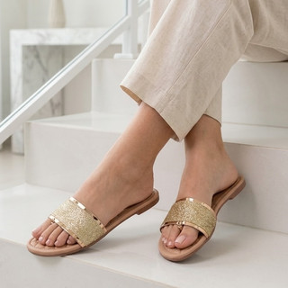 Sandália Rasteira Feminina Slide Faixa Dourada Glitter Brilho Rasteirinha Confortável Moda Premium