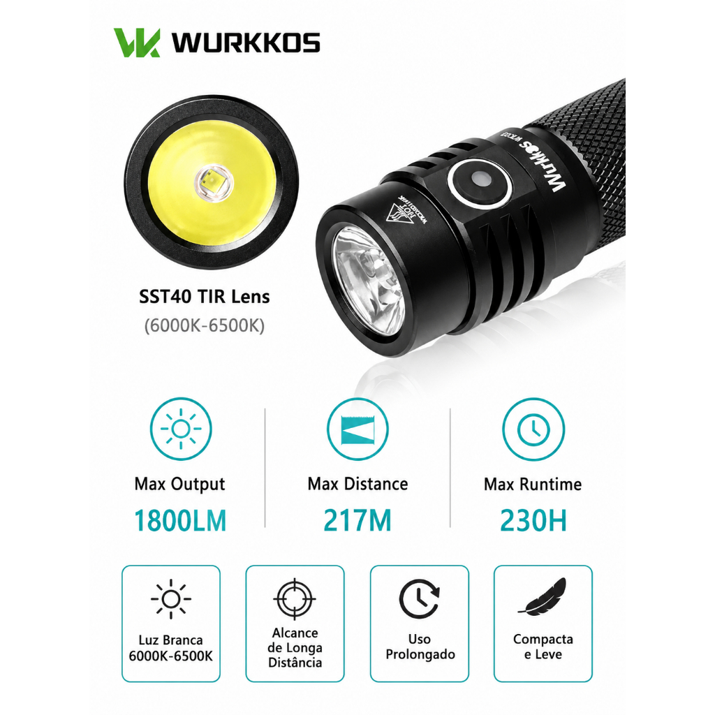 Lanterna Wurkkos WK03 Black SST40 1800 Lumens USB-C Recarregável 18650 EDC Tática 6000K-6500K