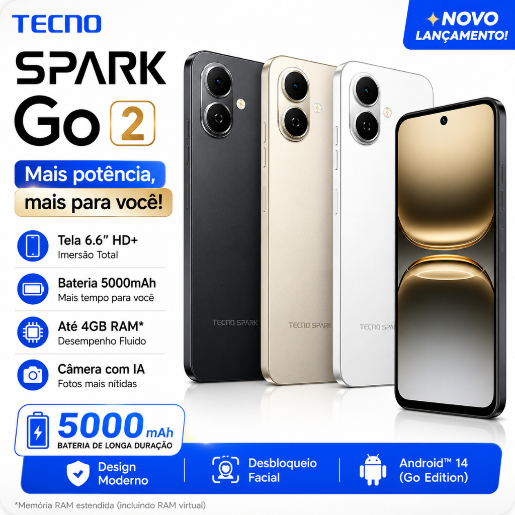 Celular Tecno Spark Go2 128GB 4GB RAM Dual Chip Tela Grande 5000mAh Câmera IA