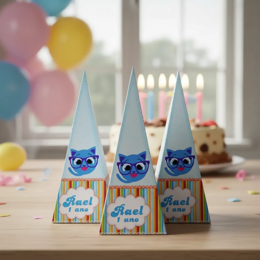 Kit 30 Lembrancinhas personalizadas Aniversario Bolofofos Festa infantil caixinhas piramides cone