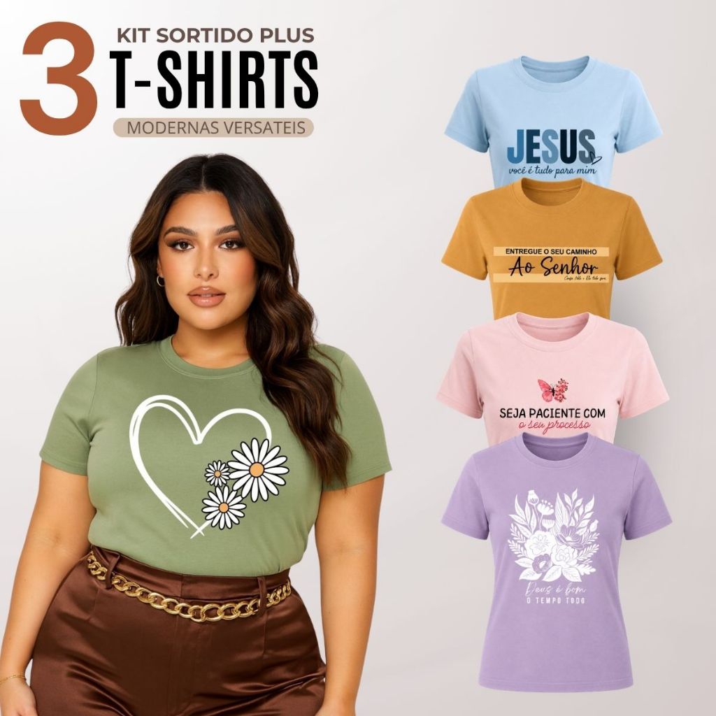 Kit 3 Blusa Feminina T-Shirt Plus Size Manga Curta 100% Algodão Malha Premium