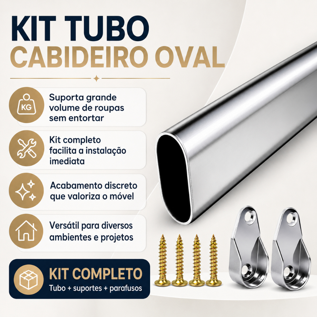 Tubo de Cabideiro Oval Arara para Guarda-roupas e Closets Suportes Laterais e Parafusos