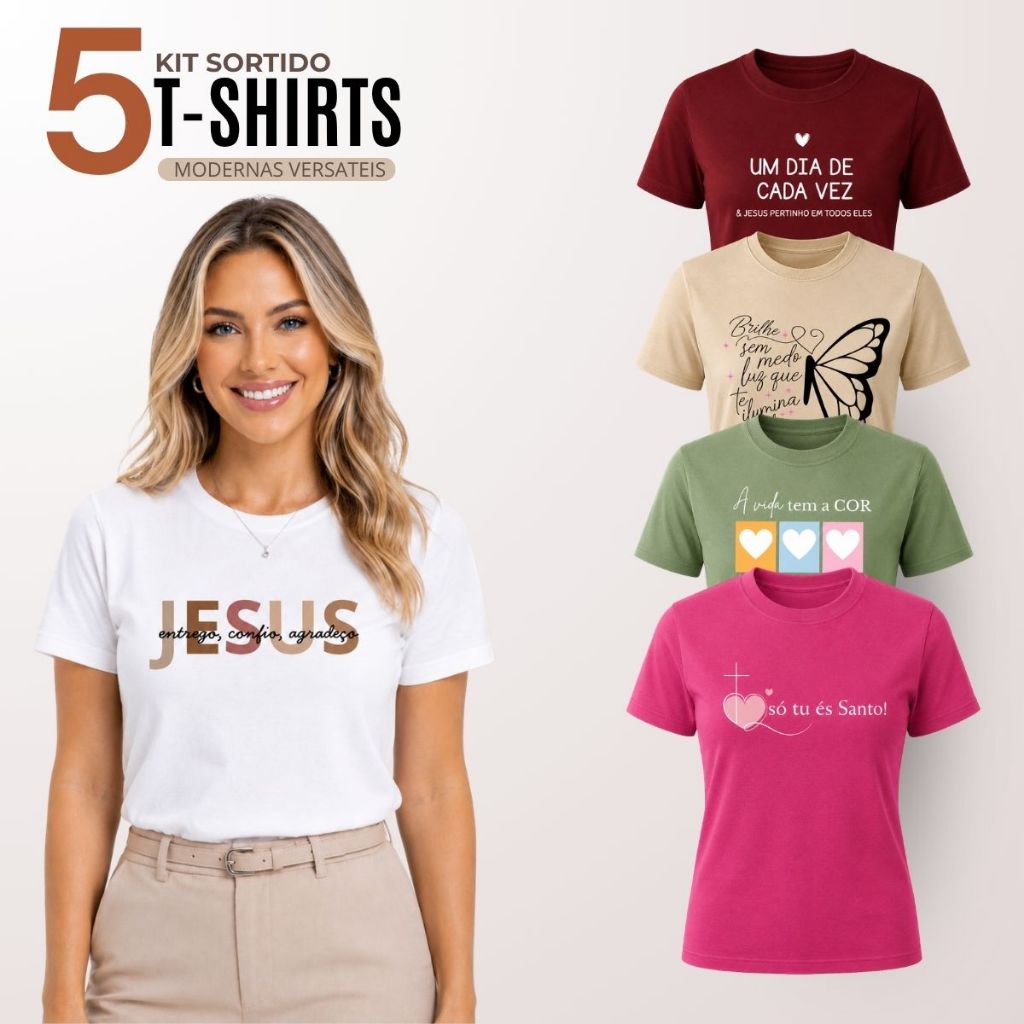 Kit 5 Blusas Femininas Manga Curta Gola Redonda Algodão Moda Feminina