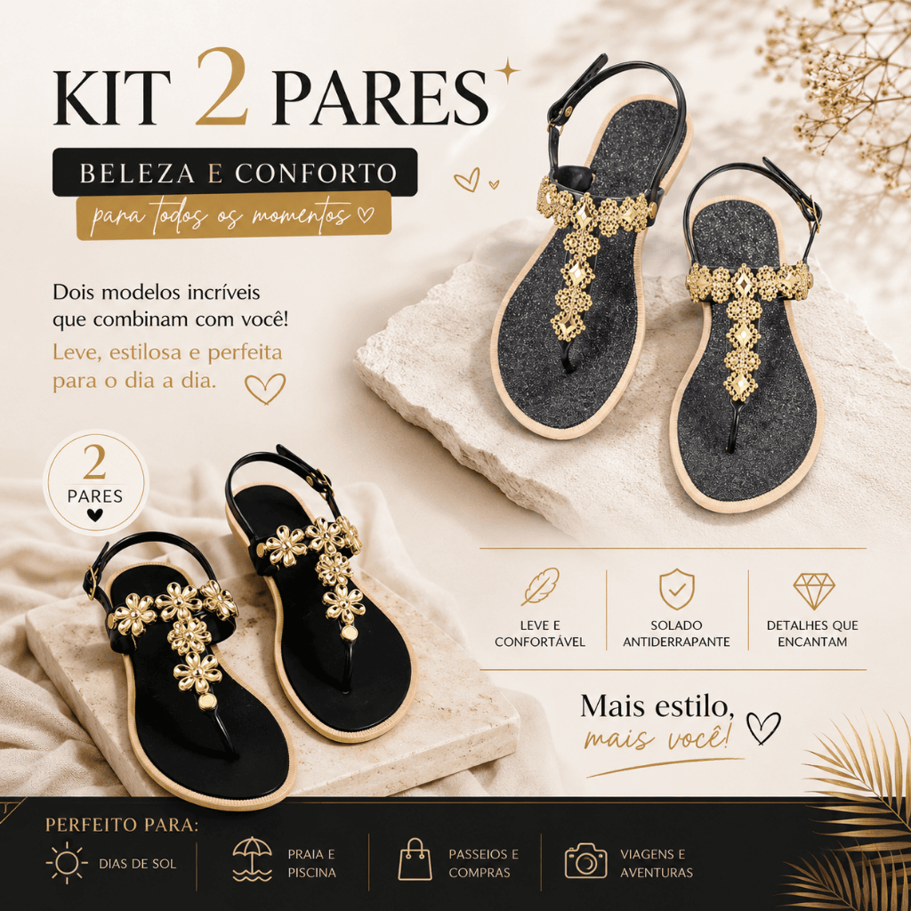 Kit Sandálias Femininas Rasteiras Para Dia a Dia e Passeios
