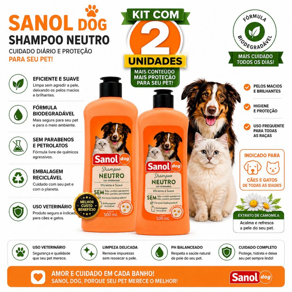 kit C/ 2 unidades Shampoo Sanol dog Neutro Cães e Gatos