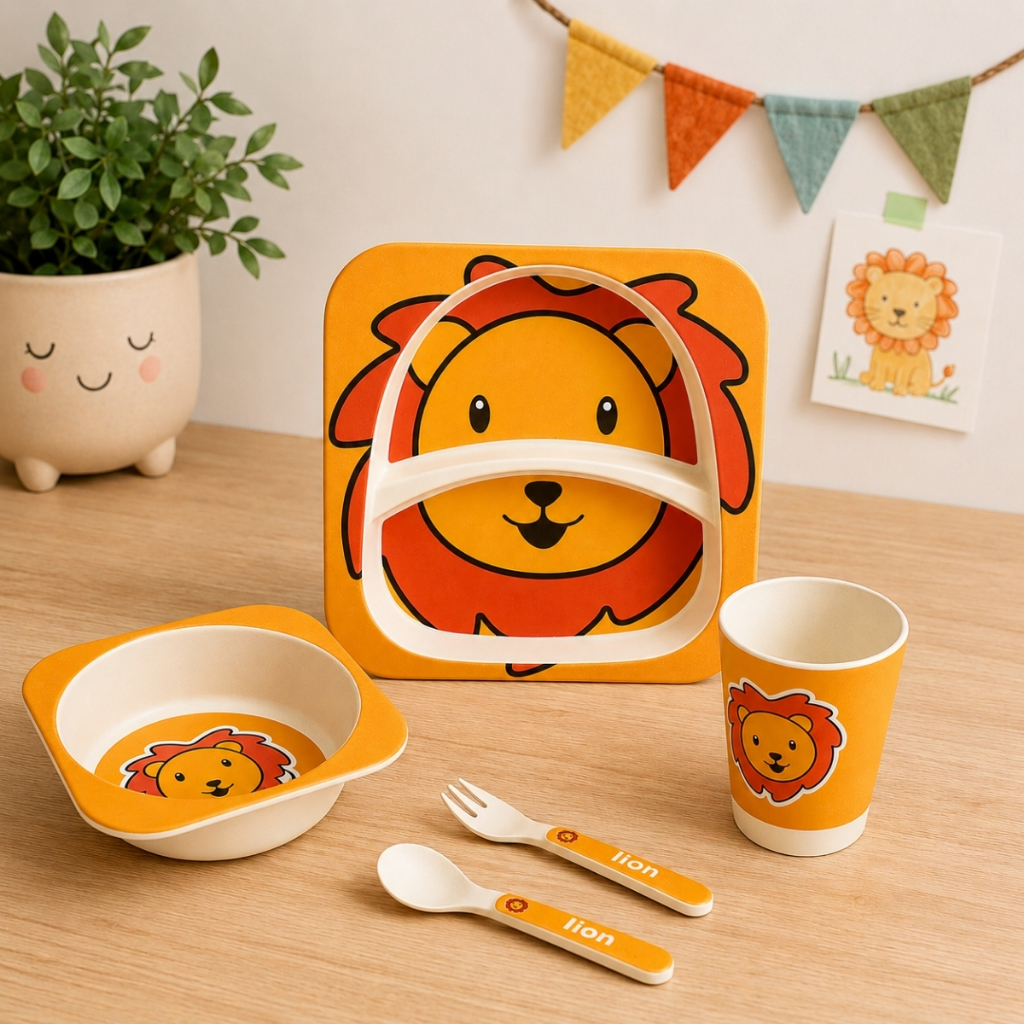 Kit Refeição Infantil Prato com Divisórias Tigela Resistente Fibra De Bambu 5 Peças