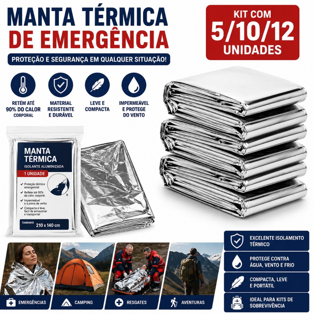 Kit 5/10/12 Mantas Térmicas Aluminizadas Resgate Camping Dimensões expandidas:1.4m*2,10m