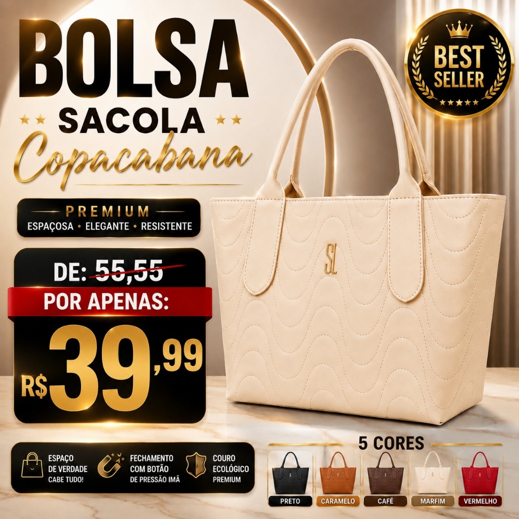 Bolsa Feminina Sacola Copacabana Grande Tendência 2026 Couro Ecológico Premium Cabe Tudo Casual Luxo Dia a Dia