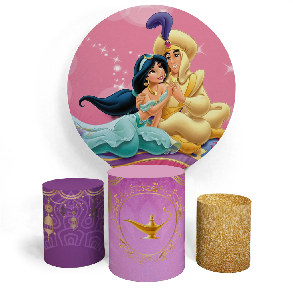 Conjunto Aniversario Capa Painel E Capa Cilindro Com Elastico Ideia Princesa E O Principe Lampada Magica