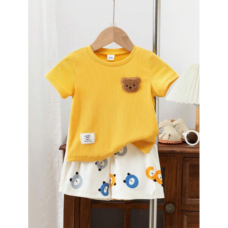 Conjunto Bebê Masculino Ursinho Camiseta Canelada + Shorts Estampado 9-12 Meses