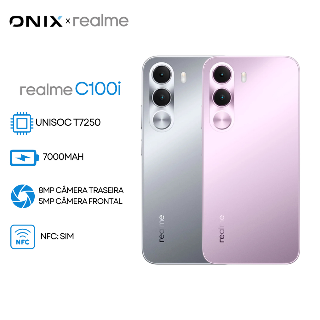 Realme C100i 4G, Versão Global, processador Unisoc T7250, NFC, Bateria 7000mAh, 128/256GB + 4GB RAM