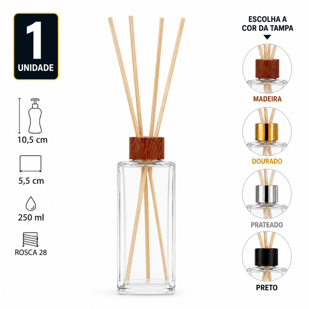 Frasco Difusor de Ambientes 250ml Vidro Retangular Aromatizador com Tampa e Varetas