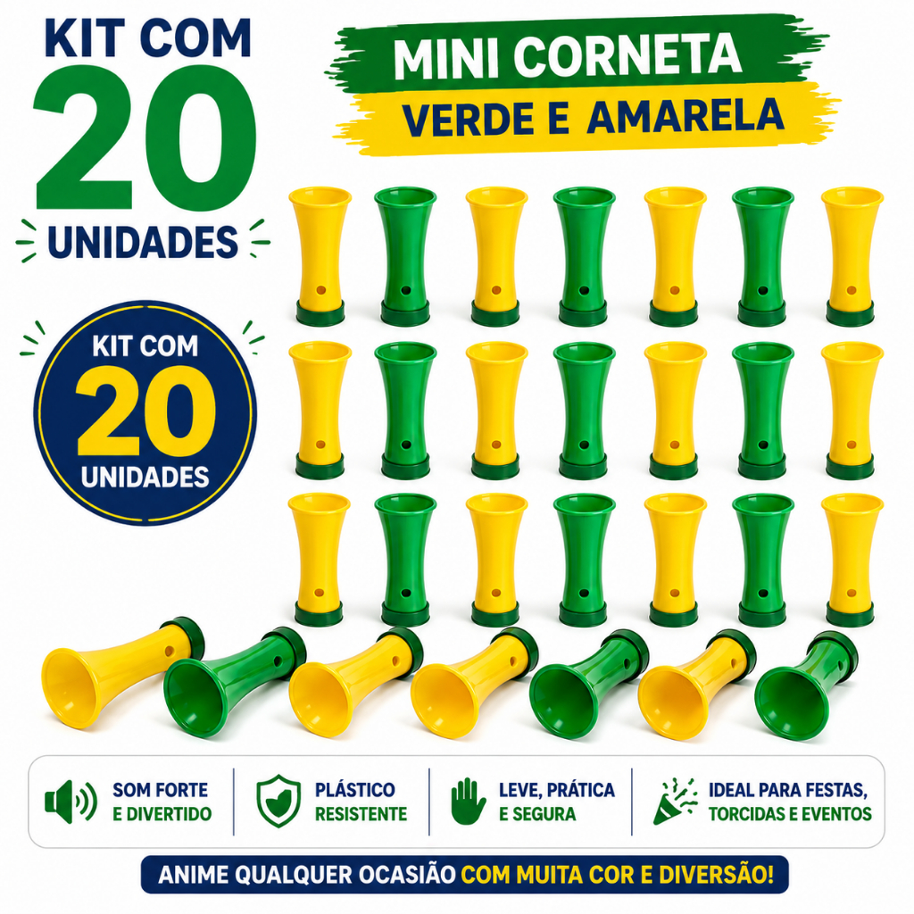 Kit Mini Cornetas Verde e Amarela Vuvuzela Copa Apito Torcida Festa Infantil Carnaval Brasil
