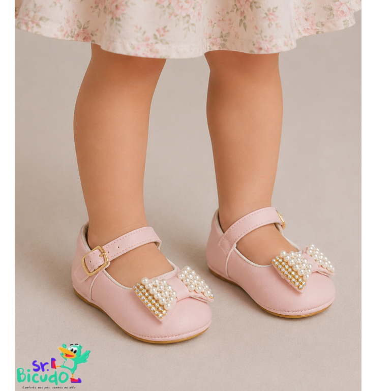 Sapatilha Infantil Bebê Menina com Laço de Pérolas e Strass – Confortável e Elegante