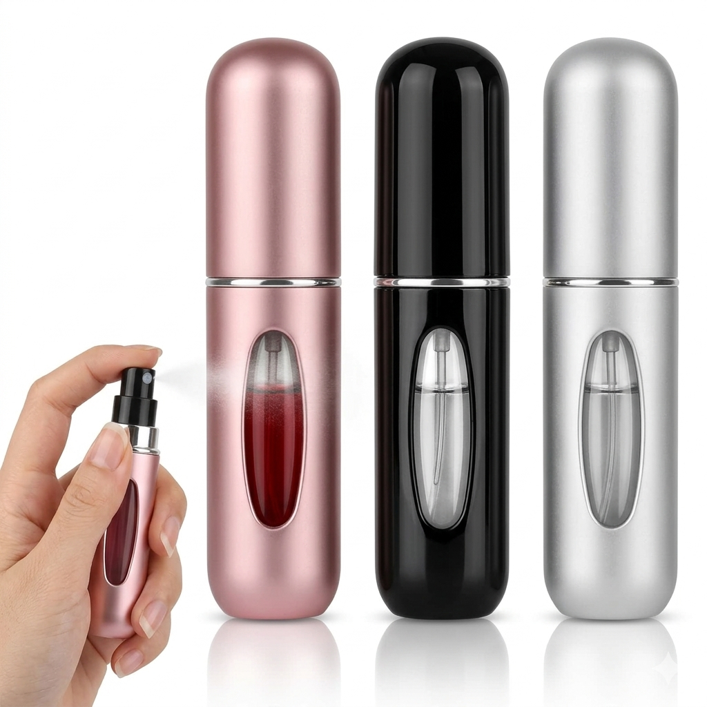 Kit com 3 Frasco Perfume Portátil 5ml Recarregável Spray Frasco Viagem Bolsa Alumínio, Borrifador Spray Preto/Rosa/Cinza