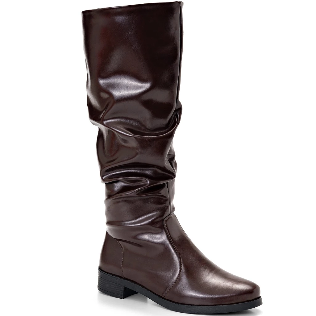 Bota Feminina Lumiss Montaria Slouchy Enrugada Salto Baixo Bico Redondo