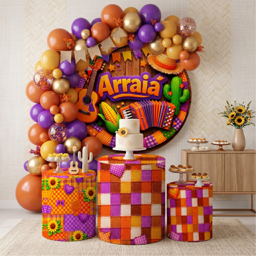 Capas Decorativas Painel Redondo Festa Junina Decoração Trio Cilindro Arraia Sublimado Veste Fácil