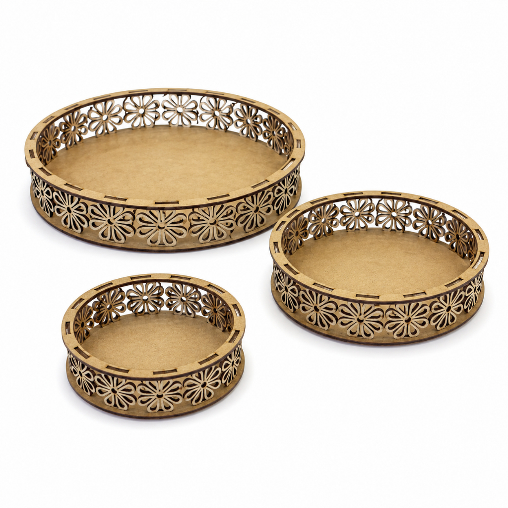 Trio de Bandejas Redondas MDF Cru Vazado Floral Decorativo para Festa Artesanato Mesa Doces Presente Lembrancinha