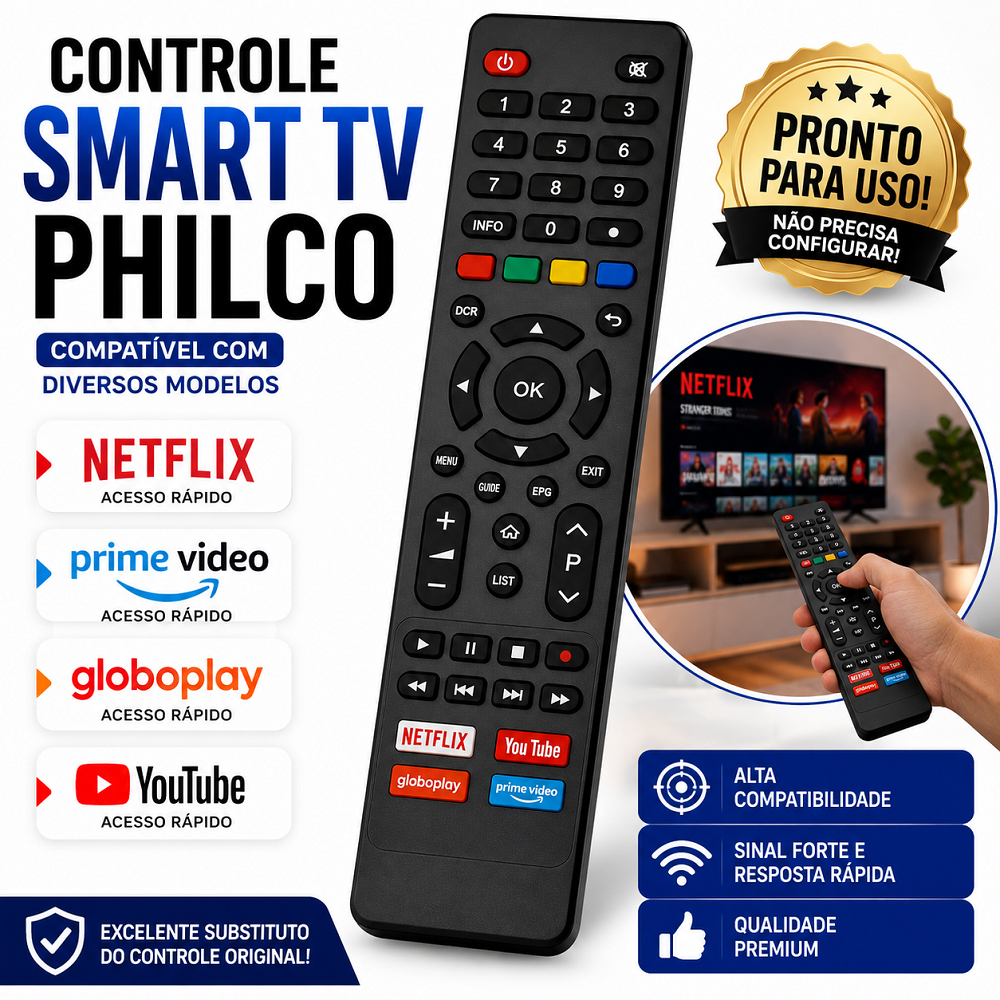 Controle Remoto Smart TV Philco 4K LE-7250 com Netflix Prime Video Compatível Vários Modelos