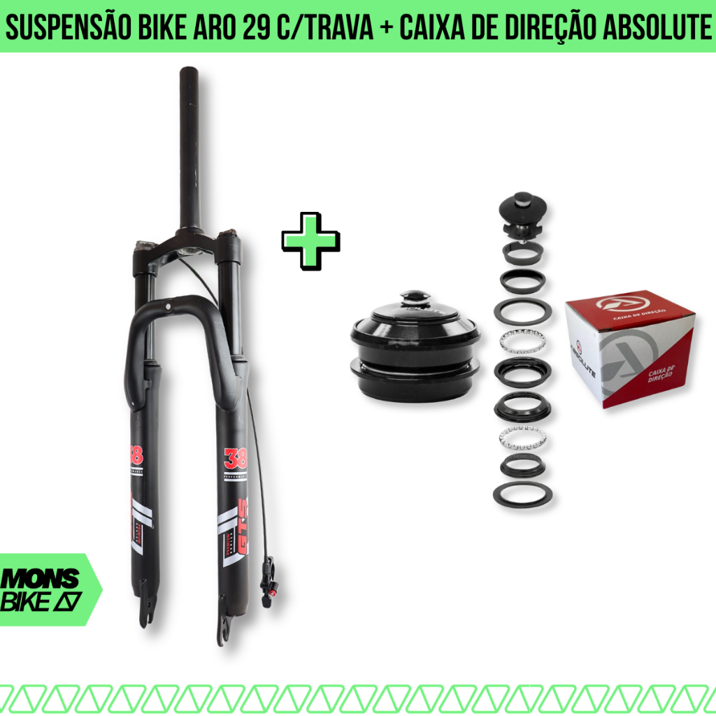Garfo Suspensão Bike Aro 29 MTB C/ Trava E Preload + Caixa de Direção Over Ahead Set Absolute