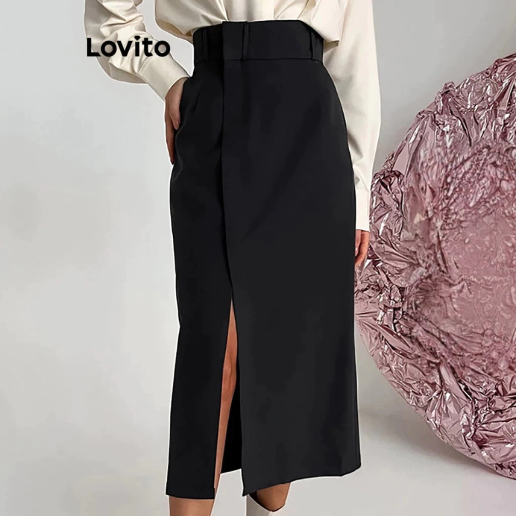 Lovito Saia Feminina Midi com Fenda BRSKNS37BX164