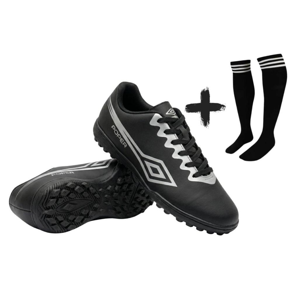 Chuteira Society Masculina Poper Preta Futebol + Meião De Futebol Preto Profissional Confortável Original Resistente Pro