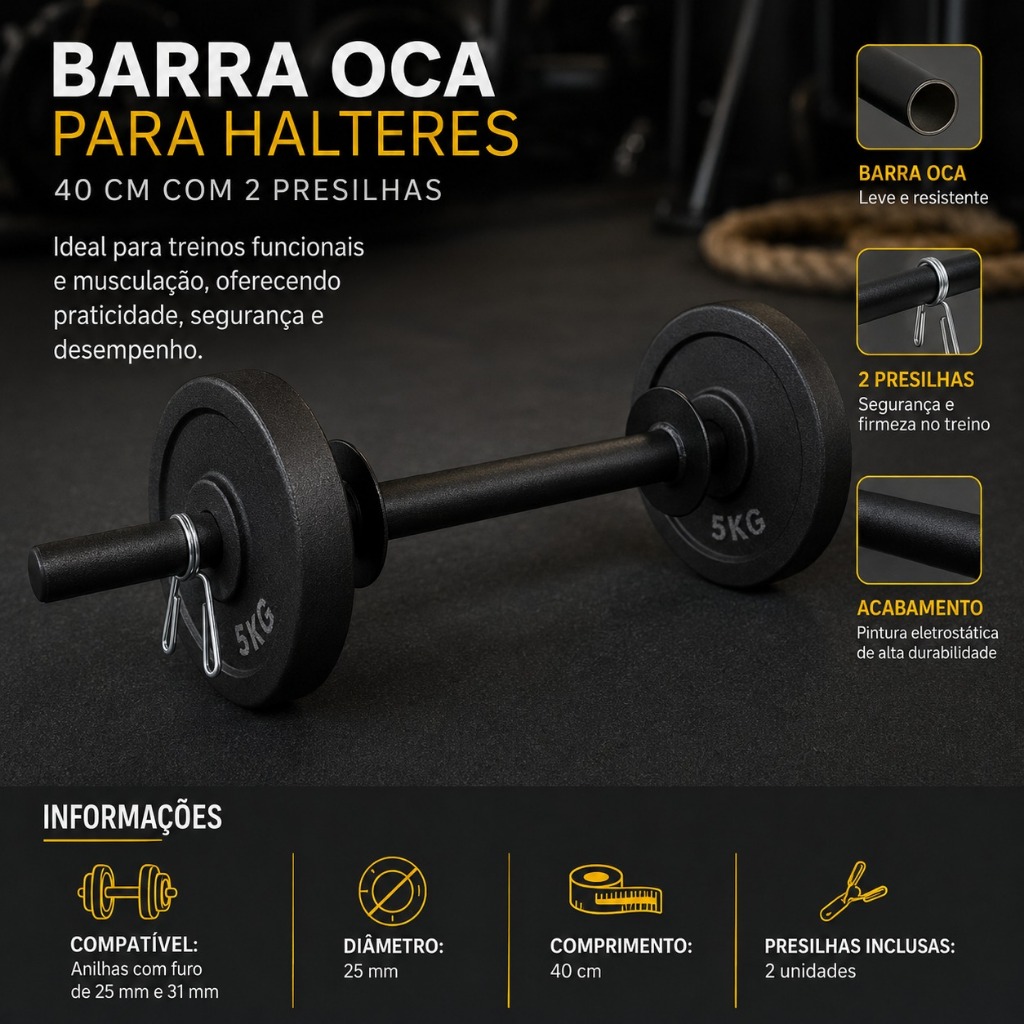 Barra Oca Halter 40cm com 2 Presilhas Musculação Academia Anilhas 50kg
