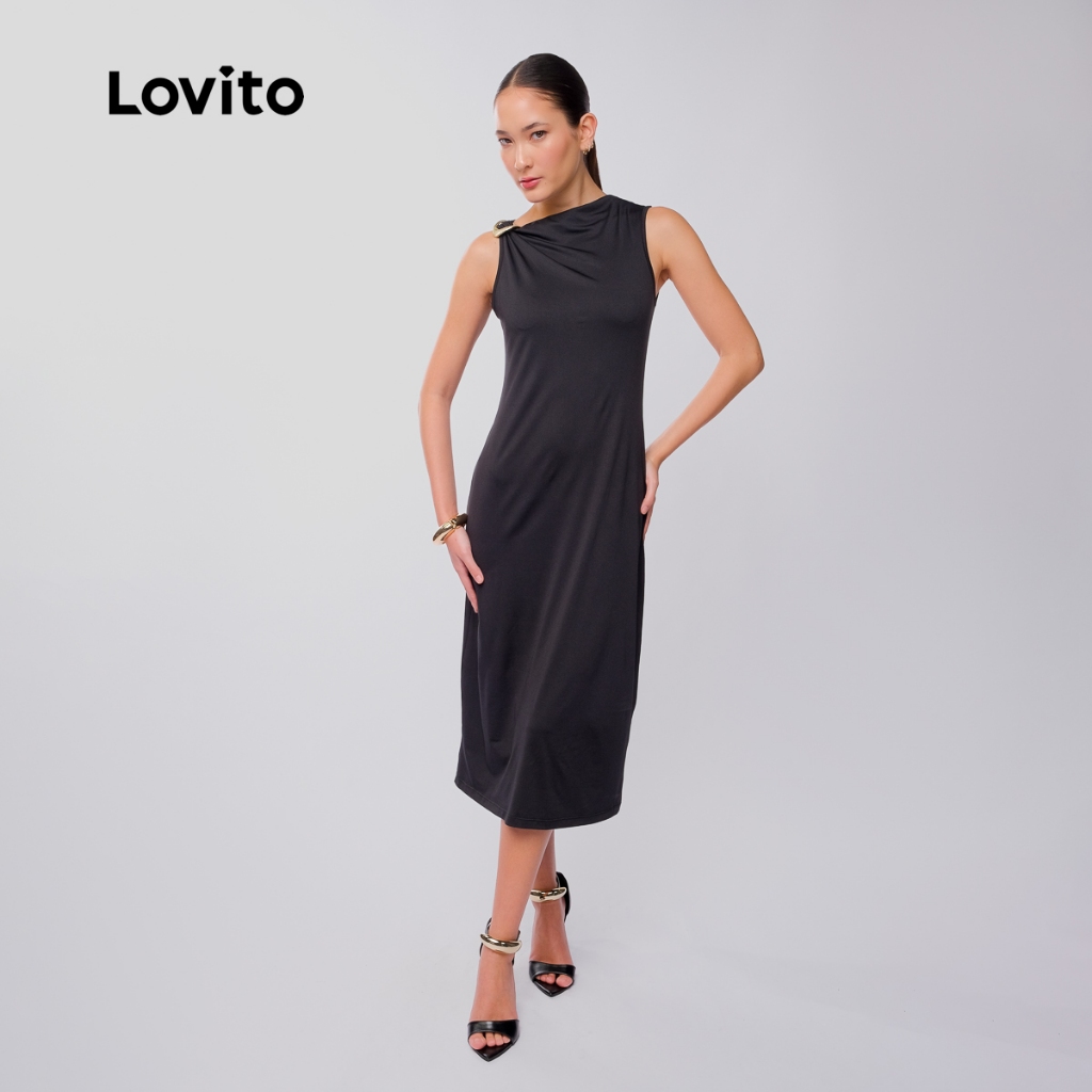 Lovito Vestido Midi Feminino Com Fivela Dourada DRB937BRL967