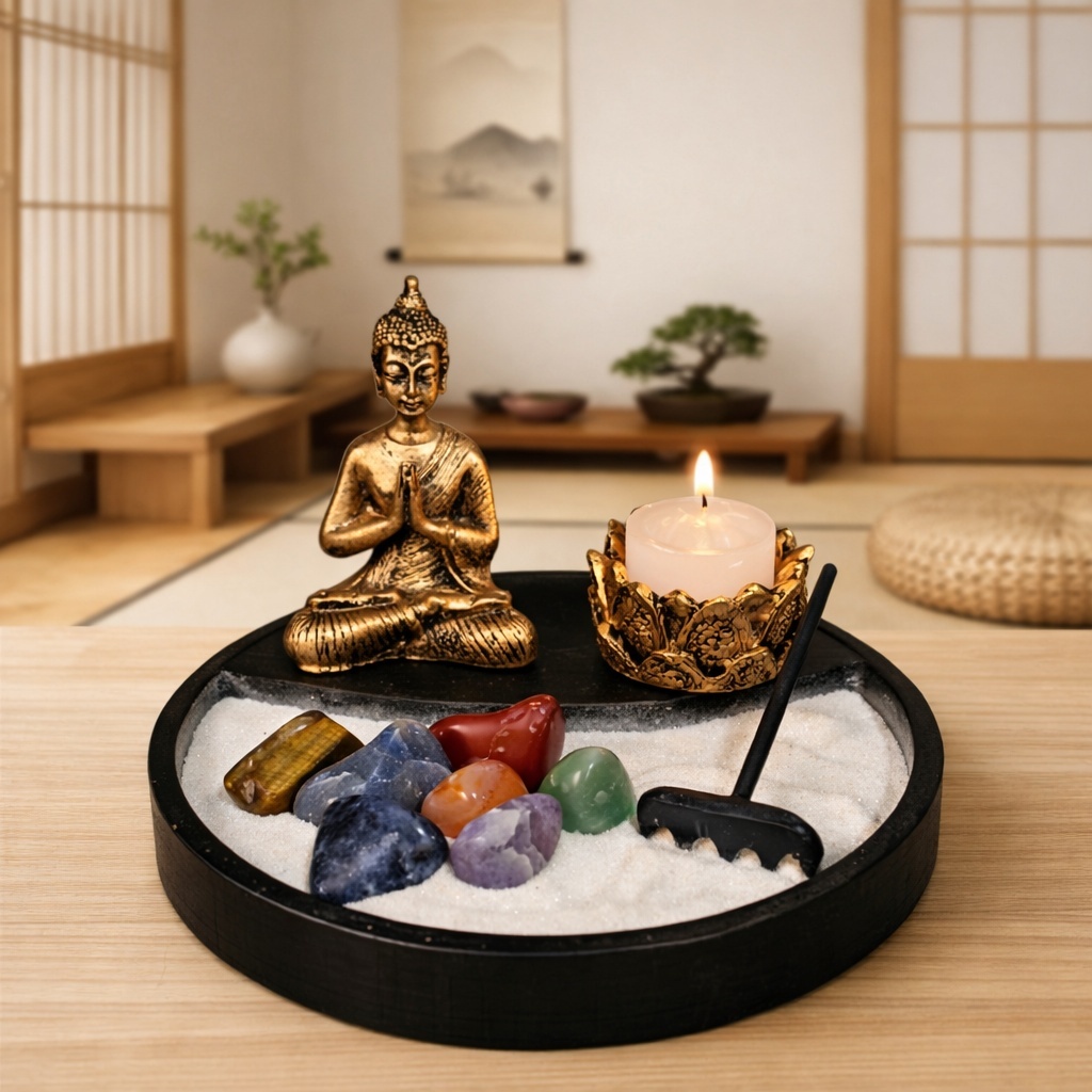 Kit Jardim Zen Redondo Buda Mini Orando Pedras 7 Chakras Castical Flor de Lotus