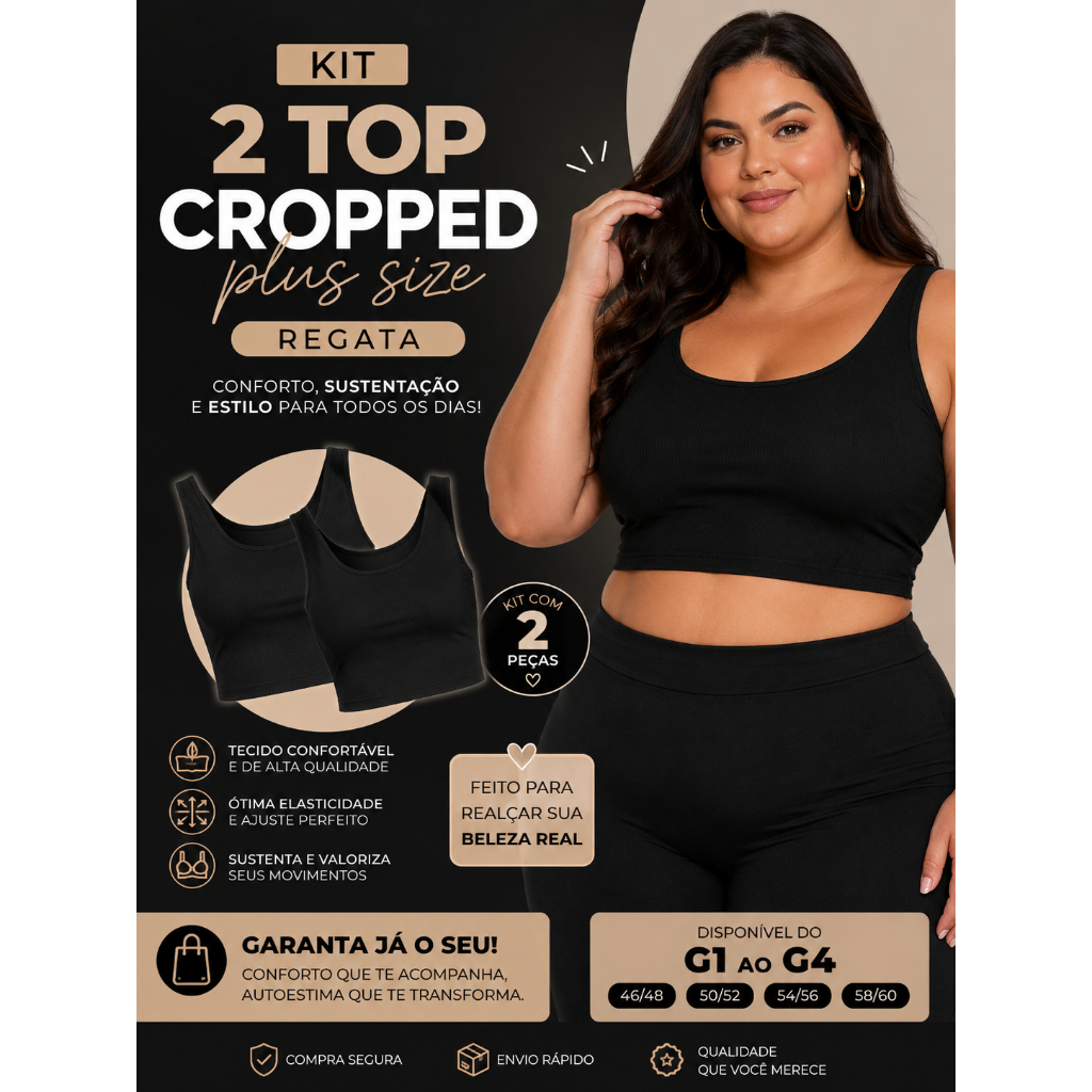 Kit 2 Cropped Top Regata Plus Size Big Size Blusa Feminina Tecido Suplex