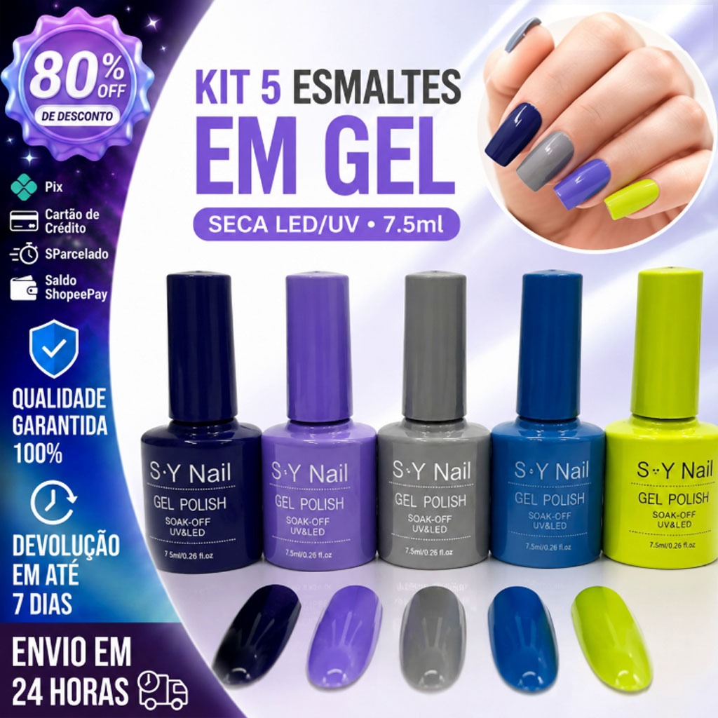 KIT 5 Esmalte Em Gel 7.5ml Seca LED/UV Unha Nail Manicure Esmalte Em Gel