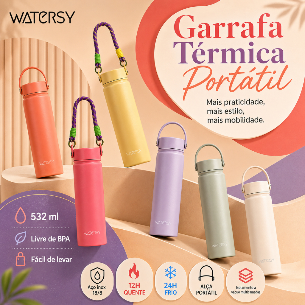 Watersy Garrafa Térmica 532ml Inox 304 24h Quente/Frio com Alça - Ideal para Escola e Esportes