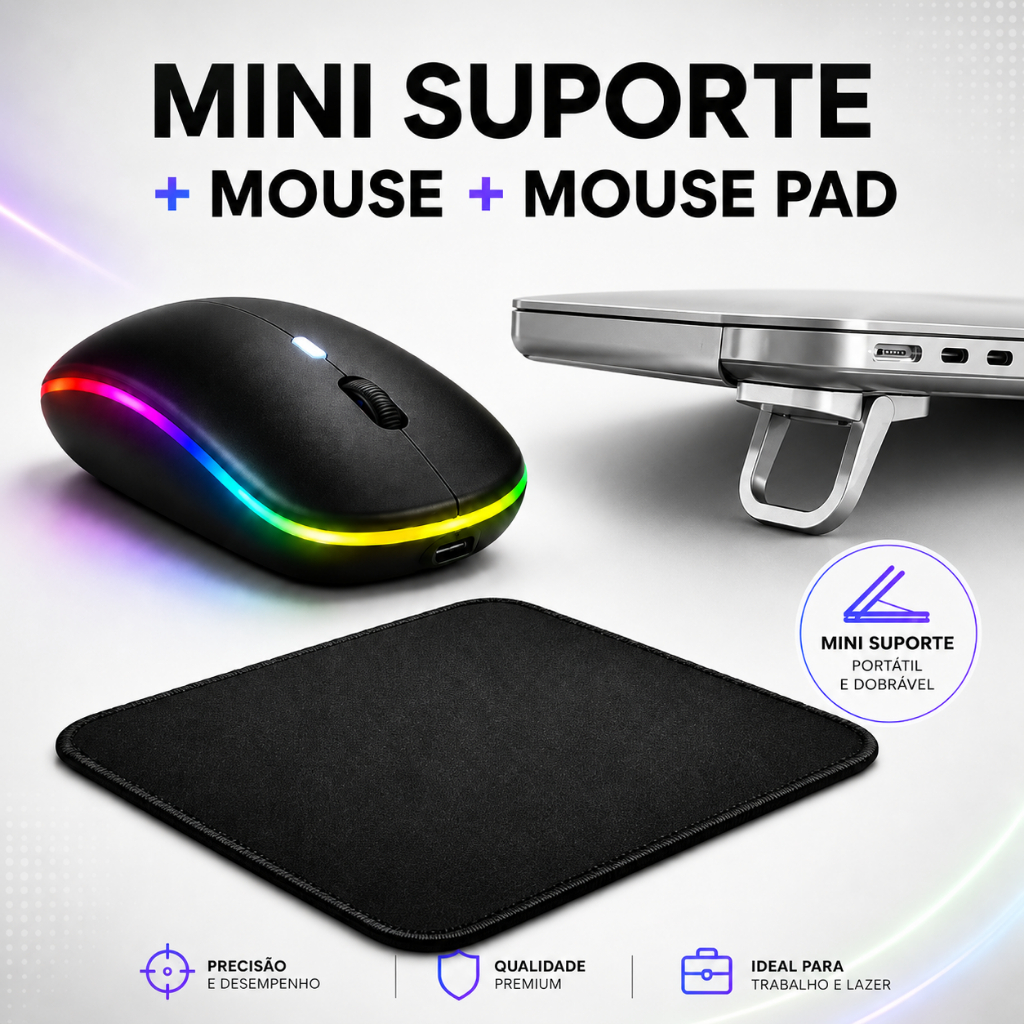Kit Mouse Sem Fio+Suporte de Notebook+Mouse Pad Apoio Punho