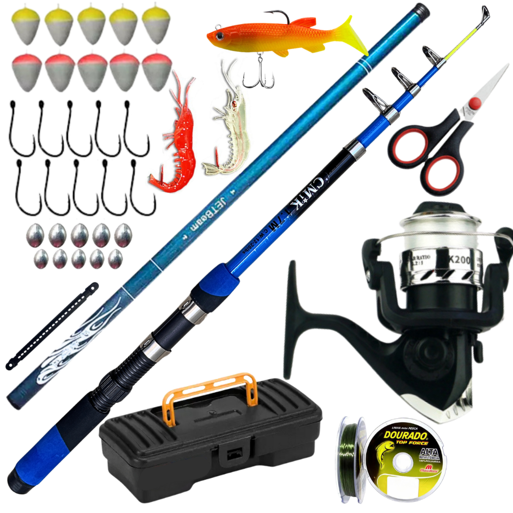 Molinete com Vara de Pesca Telescopica Vara Mão 5,40 Linha 0,30mm Isca Artificial Pescar Tilapia Kit