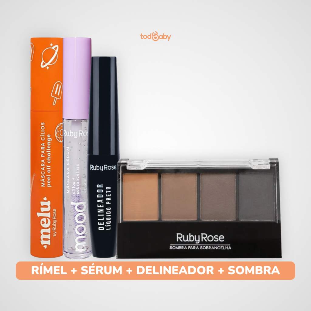 Paleta Sobrancelha + Delineador Líquido + Máscara de Cílios Challenge + Sérum Feels Mood Ruby Rose®