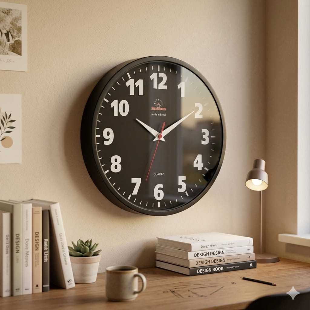 Relógio De Parede Grande Plashome Kappa Classico Preto Preto 28 Cm Sala Cozinha Decoração Escritório Consultório