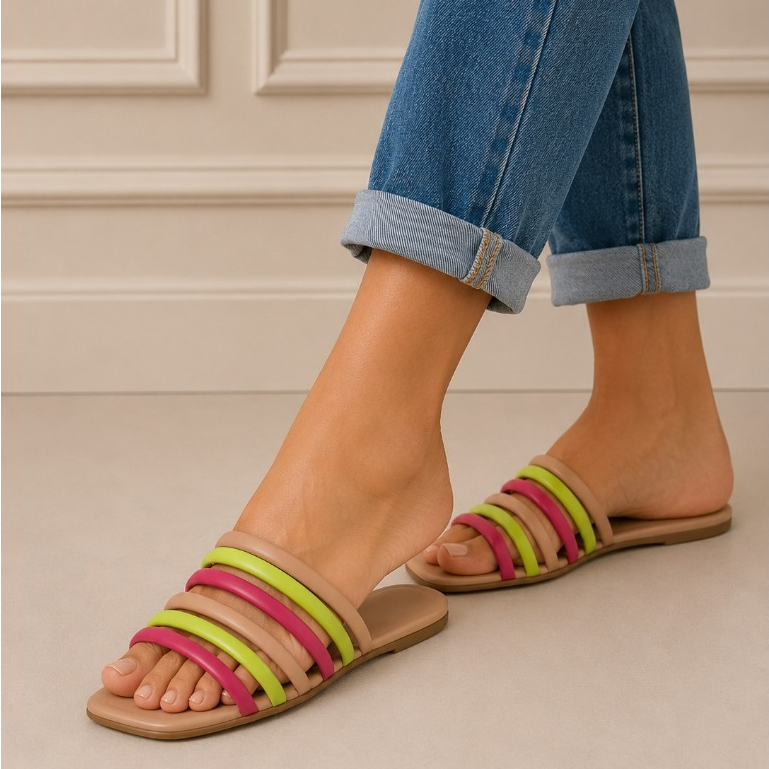 Rasteira Feminina Nude Com tiras coloridas Lima/Pink Verão Versátil Confortável