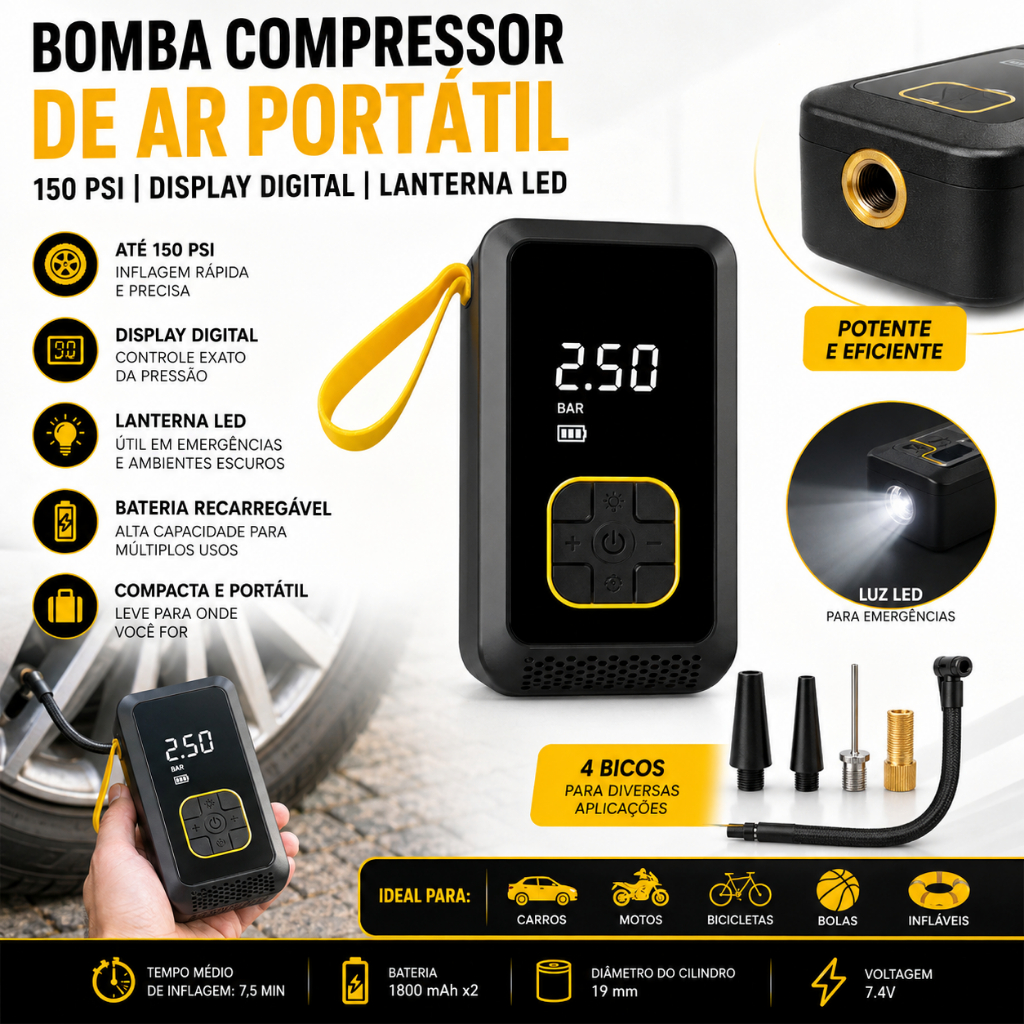 Bomba de Ar Portátil Compressor Digital 150 PSI Pneu Carro Moto Bike Com Lanterna LED Sem Fio