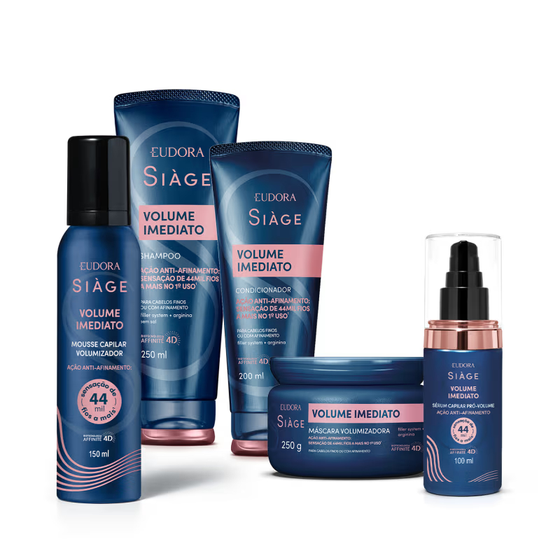 Linha Siàge Volume Imediato Eudora: Shampoo, Máscara Capilar, Condicionador, Sérum Pró-Volume e Mousse Volumizador