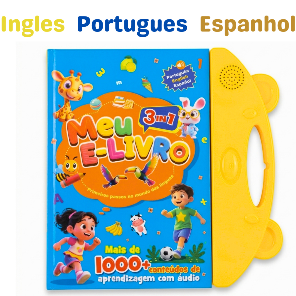 Livro Educativo Infantil Interativo Trilíngue Português Inglês Espanhol com Som Toque Inteligente