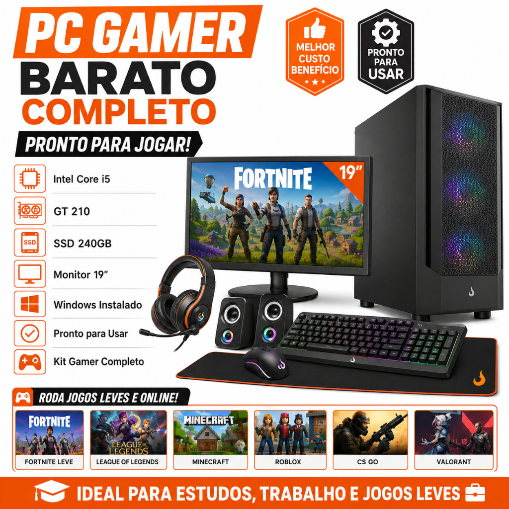 PC Gamer Barato Completo i5 GT 210 SSD 240GB Fortnite Leve Monitor 19 Windows