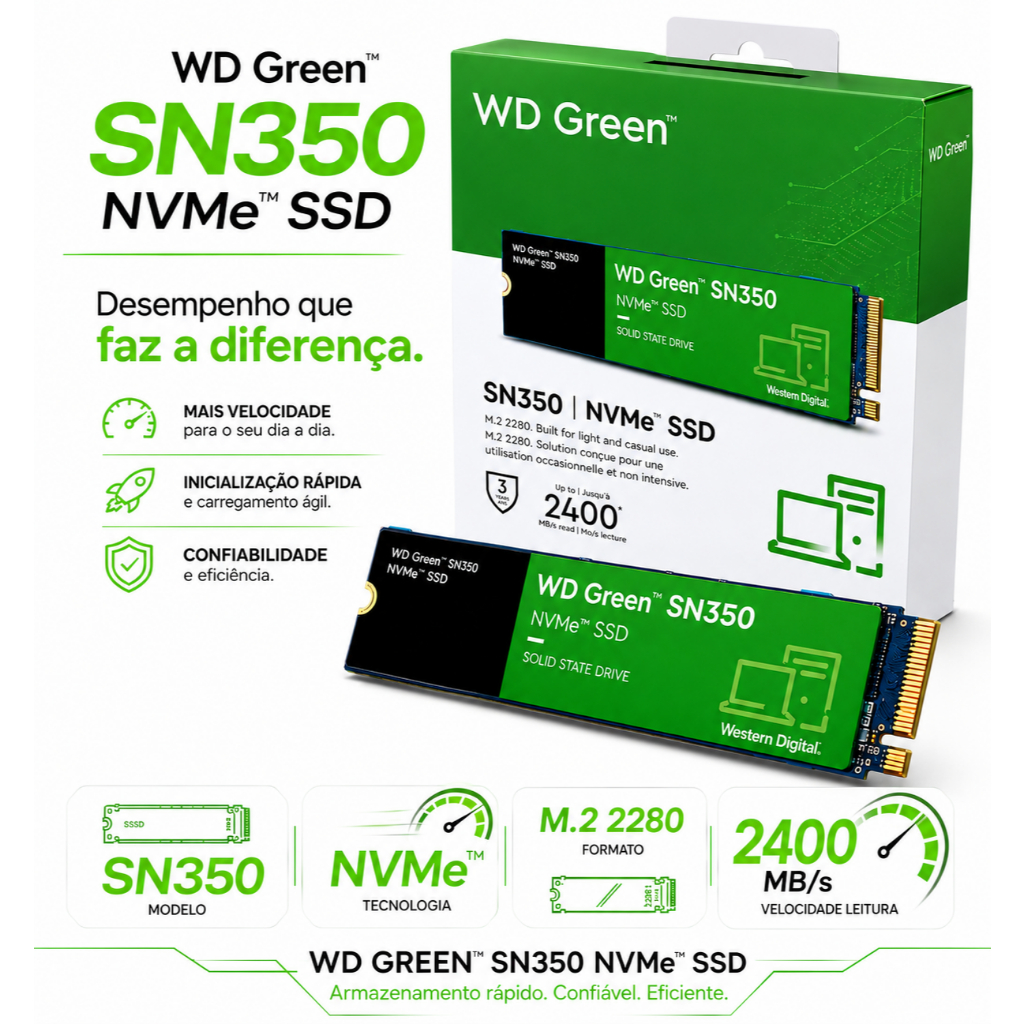 SSD WD Green SN350 NVMe M.2 2280 – 500GB e 1TB - 2400MB/s - Novo Lacrado - C/ NF