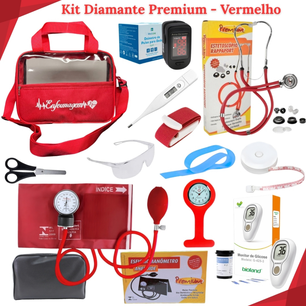 Kit de Enfermagem Mega Completo com Bolsa Transparente, Oxímetro, Esteto, Esfigmo e Acessórios - Diamante