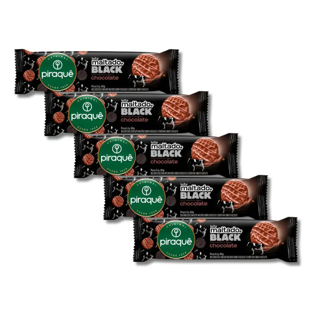 Kit 5 Biscoitos Piraquê Leite Maltado Black Chocolate 80g