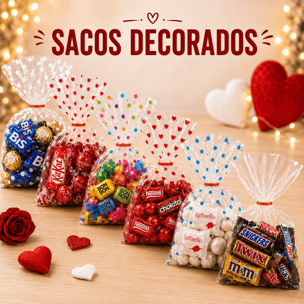 50 Sacos Decorados e Transparentes - Festa / Lembrancinha / Doces / Presentes